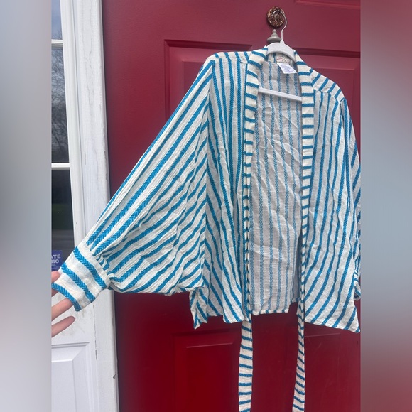 Free People Bow and Arrow Tie Front Kimono One Size Blue Cotton Blend - Picture 3 of 5